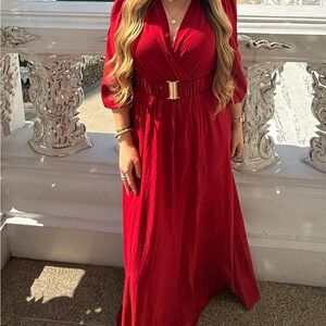 Deep Red Maxi Dress with Belt